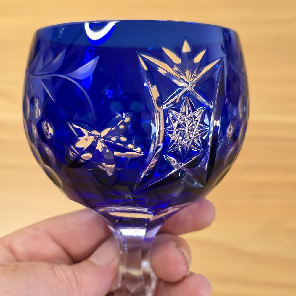 Beyer Crystal Hock Wine Glass Blue Vintage Good Cut to Clear Bleikristal Germany - Picture 3 of 10